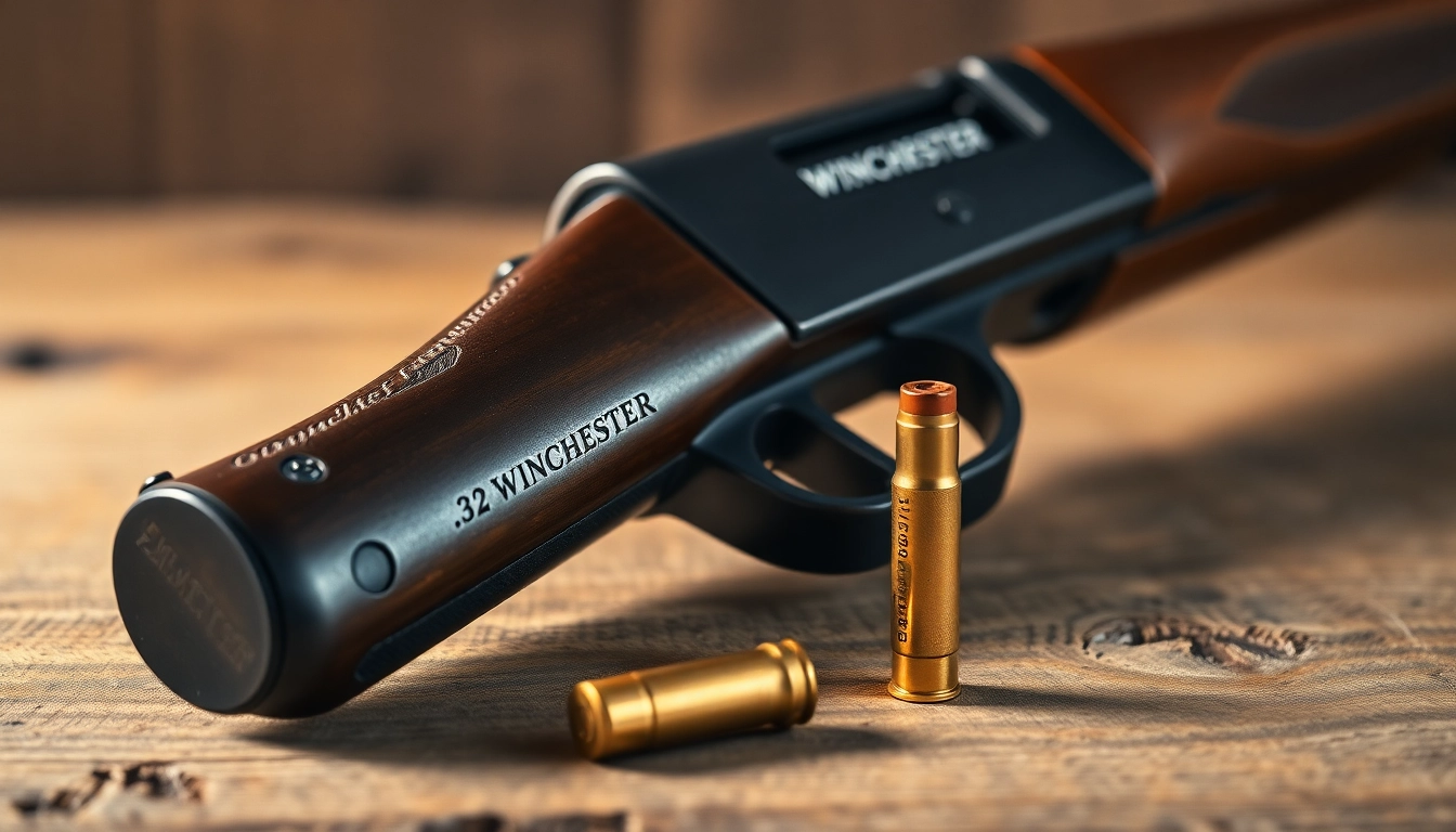 Engaging shot of a .32WIN cartridge with a classic Winchester rifle, emphasizing heritage and precision in firearm craftsmanship.