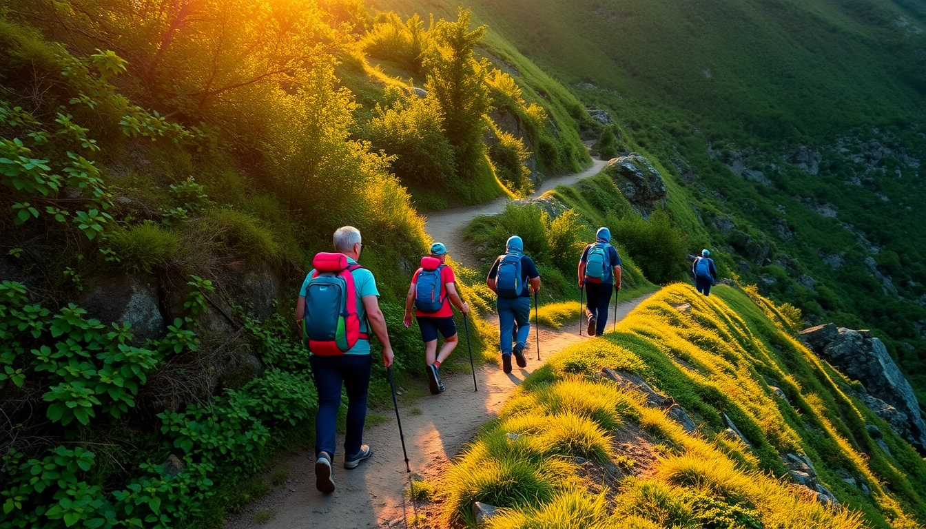 Hiking in lush Indonesian countryside with hikers on a scenic trail, capturing the essence of an adventurous hike.